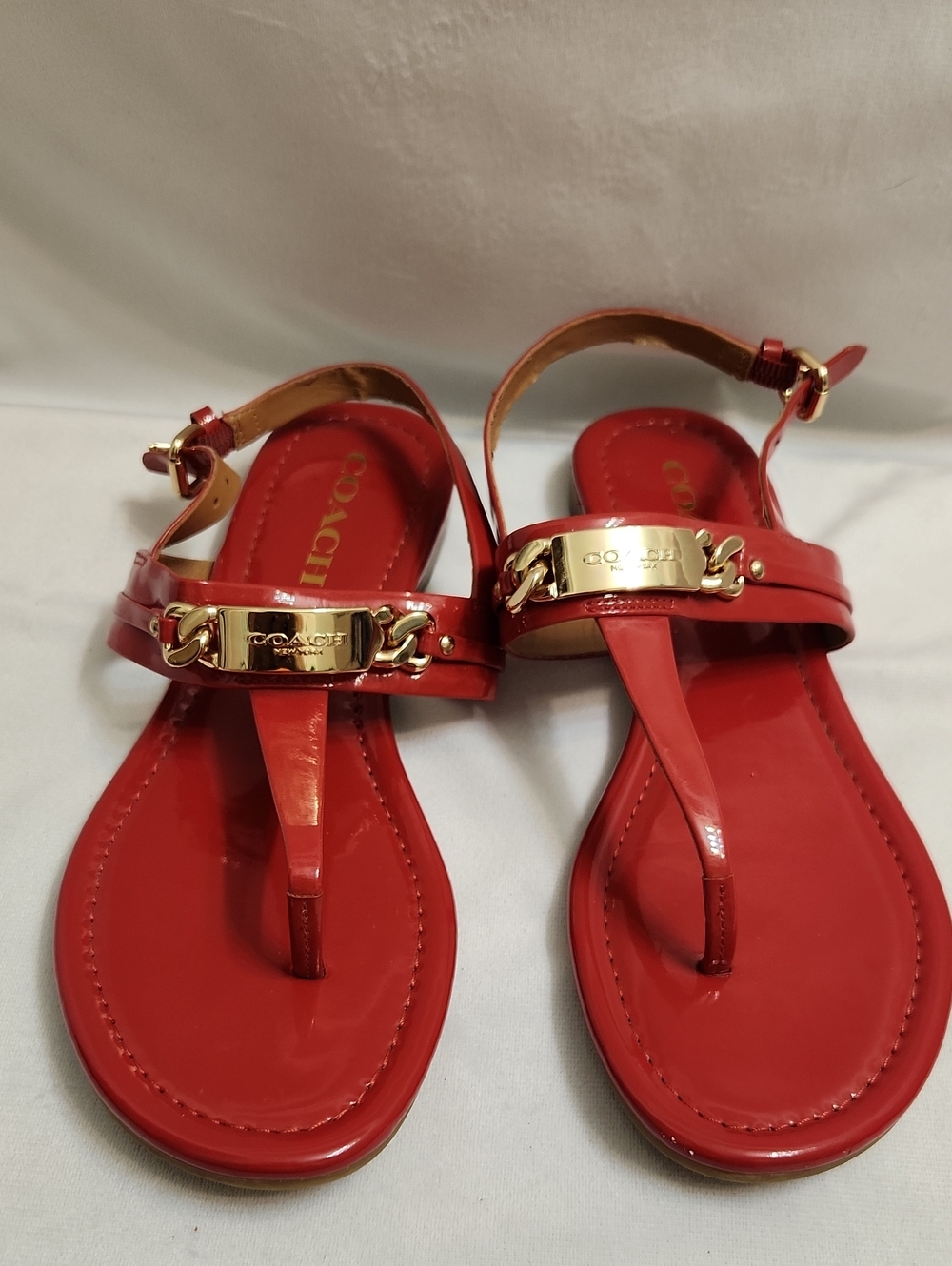 Coach Catherine Red Gold Glossy Patent Leather T-Strap Sandals (W Size 7) - Picture 4 of 11
